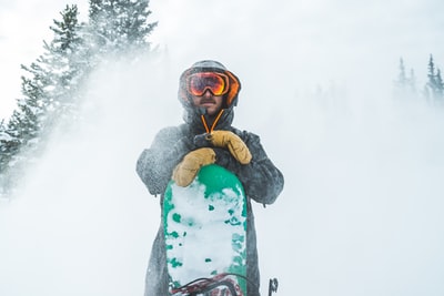 在棕色夹克的男人穿着黑色和绿色雪护目镜
